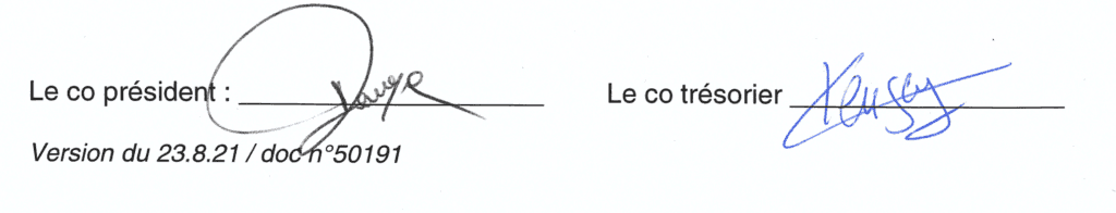 Signatures du co-président et du co-trésorier des statuts de Puplinge Sports et Loisirs, version du 23 août 2021.